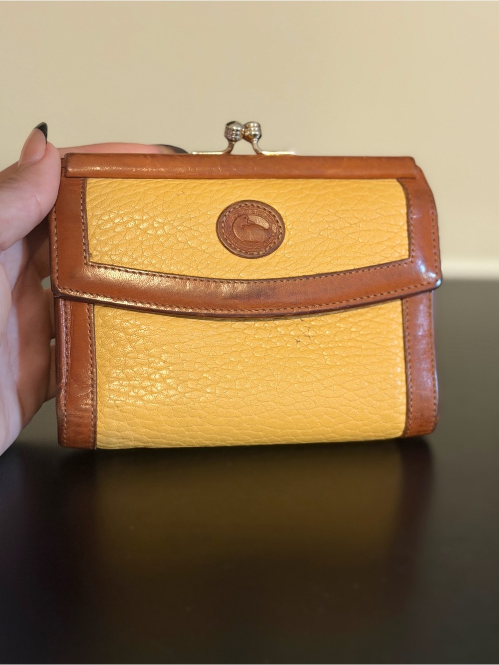 [SOLD] Dooney & Bourke Yellow Leather Wallet with Brown Trim and Kiss-Lock